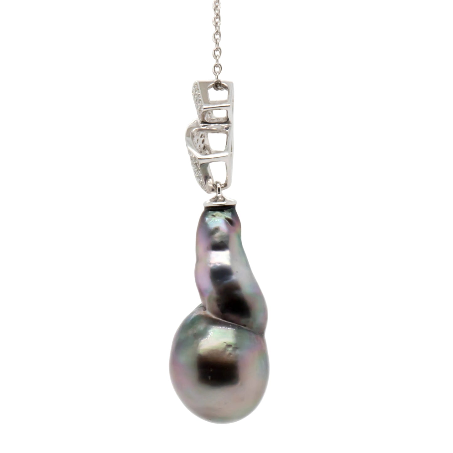 Side view of 13mm Tahitian Baroque Pearl Pendant with 14K White Gold Diamond Setting