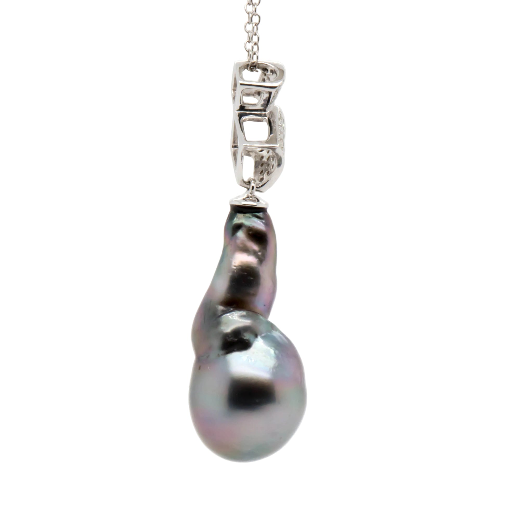 Side view of Tahitian Pearl Teardrop Pendant 13mm Baroque in 14K White Gold
