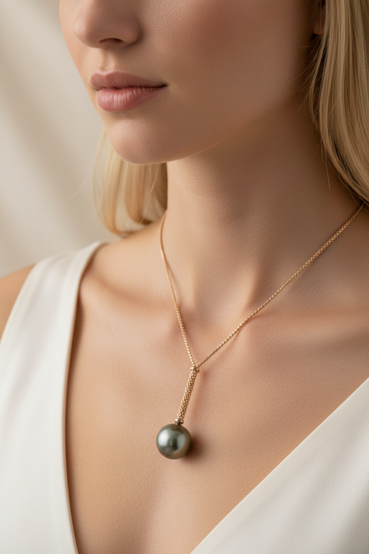 Woman wearing an 18K yellow gold necklace with a large Tahitian pearl pendant