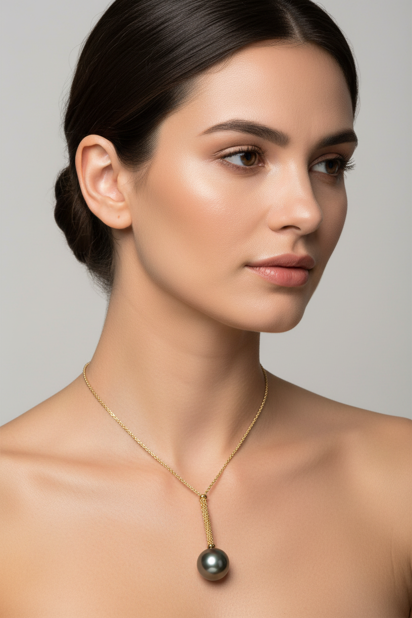 Woman wearing an 18K yellow gold necklace with a large Tahitian pearl pendant