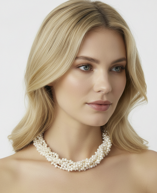 White 5-Strand Freshwater Pearl Necklace on model – Holly Zhang Pearl Gallery