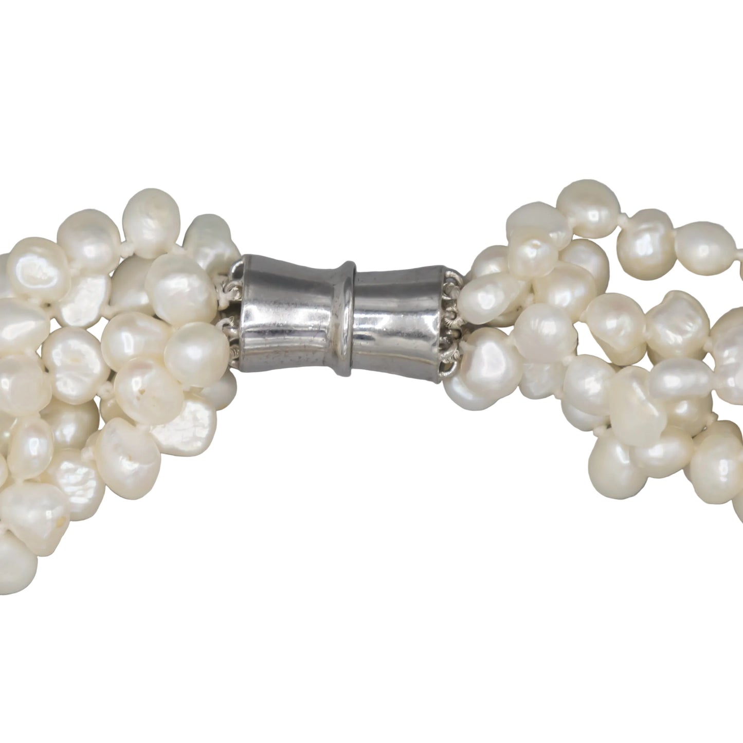 Magnetic clasp detail on white 5-strand freshwater pearl necklace
