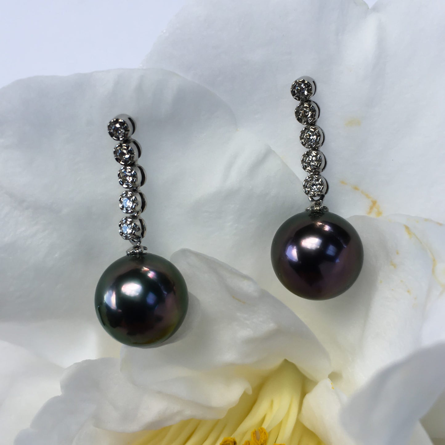 10.7mm Black Tahitian Pearl Diamond Earrings 14K White Gold – Detail View