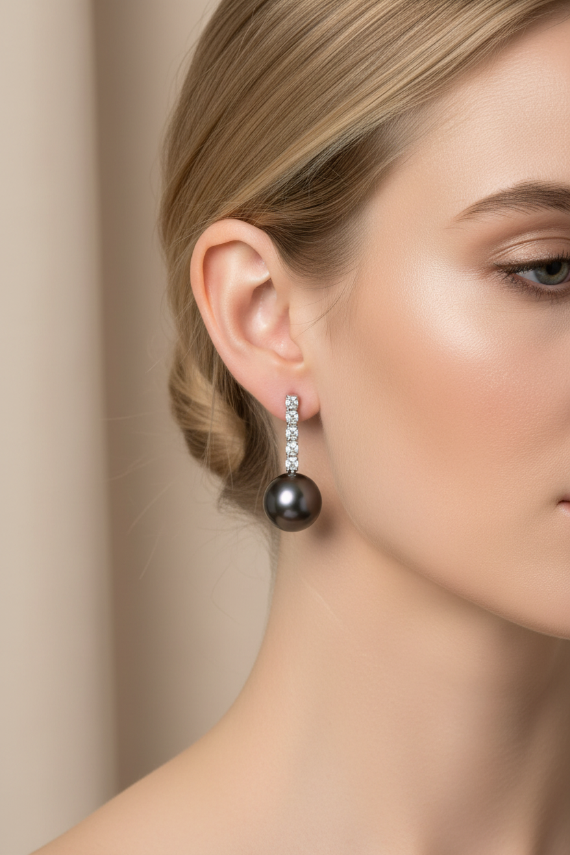 Black Tahitian Pearl Diamond Dangle Earrings 14K White Gold – Model Worn
