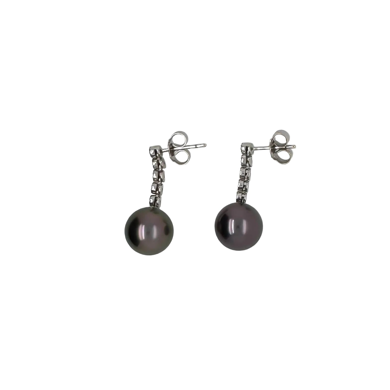 Black Tahitian Pearl Dangle Earrings with Diamond Accents – Side View