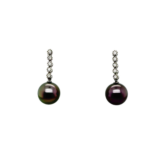 Black Tahitian Pearl Diamond Dangle Earrings 14K White Gold – White Background