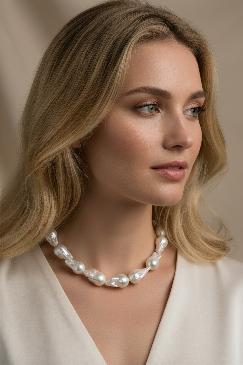 Blonde model wearing baroque freshwater pearl necklace 16-18mm with sterling silver clasp, 19 inches