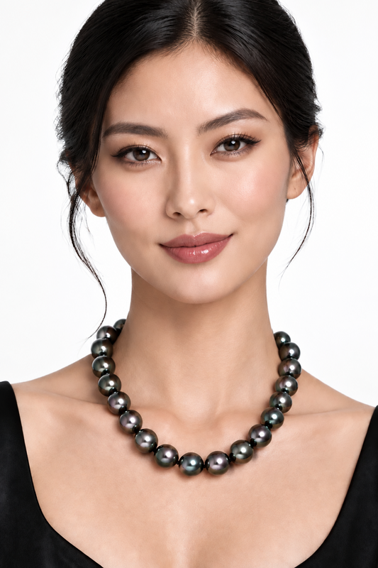 Model wearing Cherry Tahitian Pearl Necklace 12-14mm 18-inch 14K Gold clasp