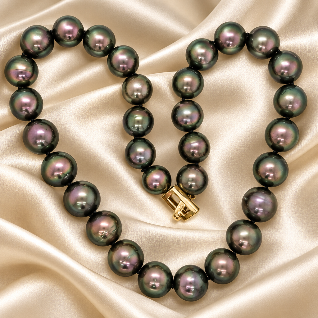 Cherry Tahitian Pearl Necklace 12-14mm 18-inch 14K Gold clasp on a cream-colored satin background