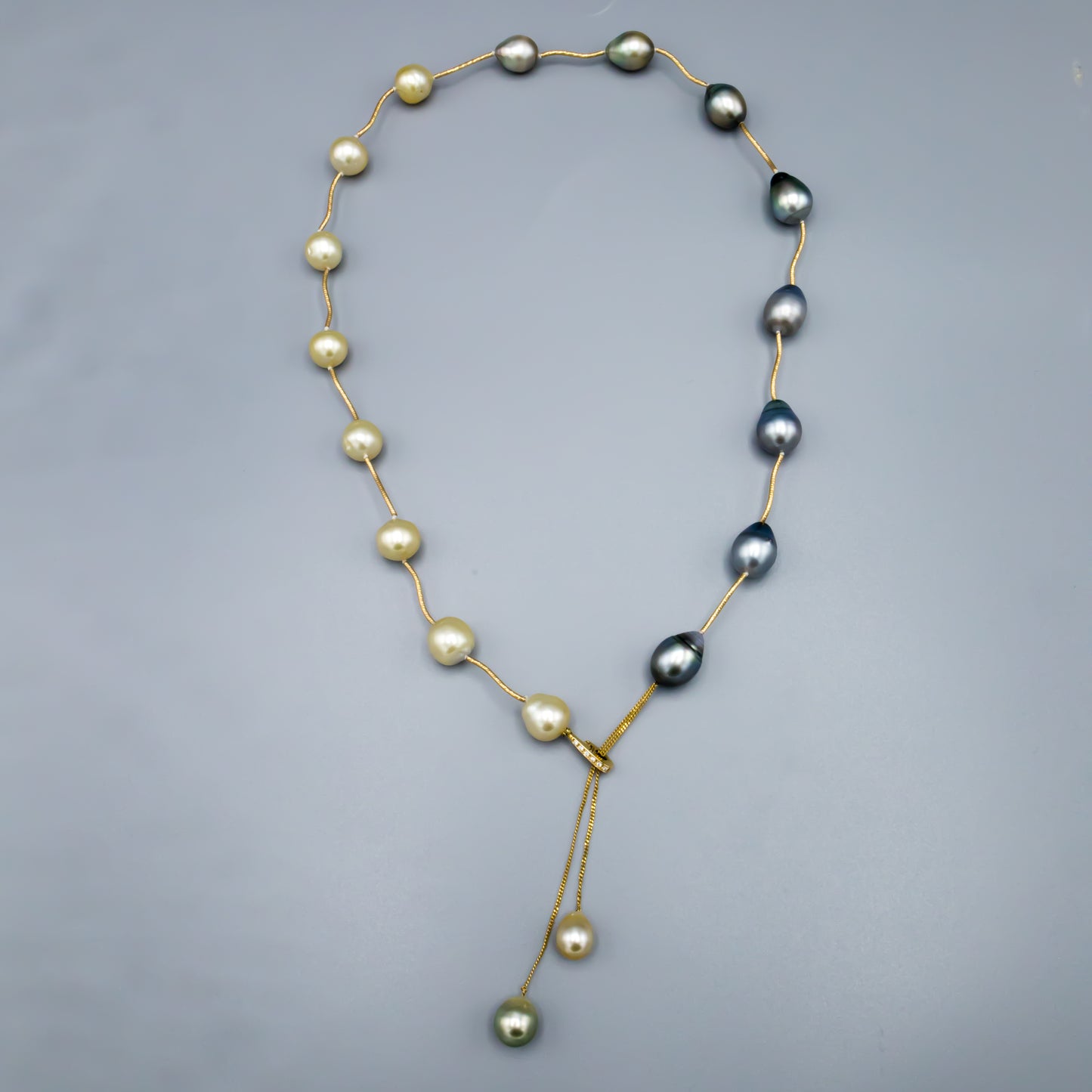 Baroque Tahitian and Golden South Sea pearl necklace 19.5 inch length display