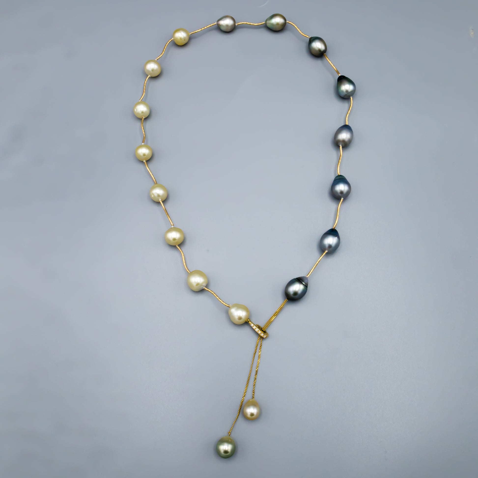 Baroque Tahitian and Golden South Sea pearl necklace 19.5 inch length display