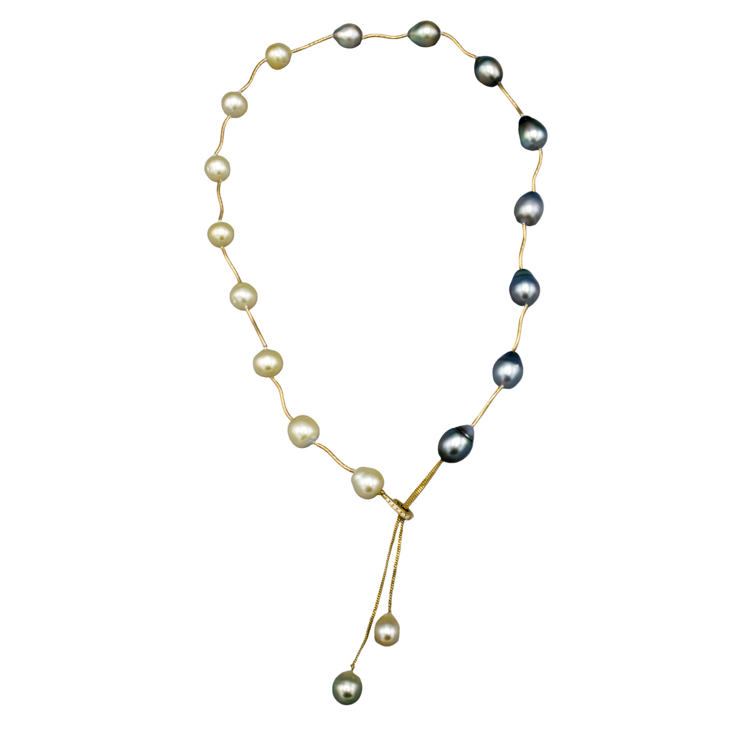 Tahitian and Golden South Sea baroque pearl necklace with 14K gold spacers - front view