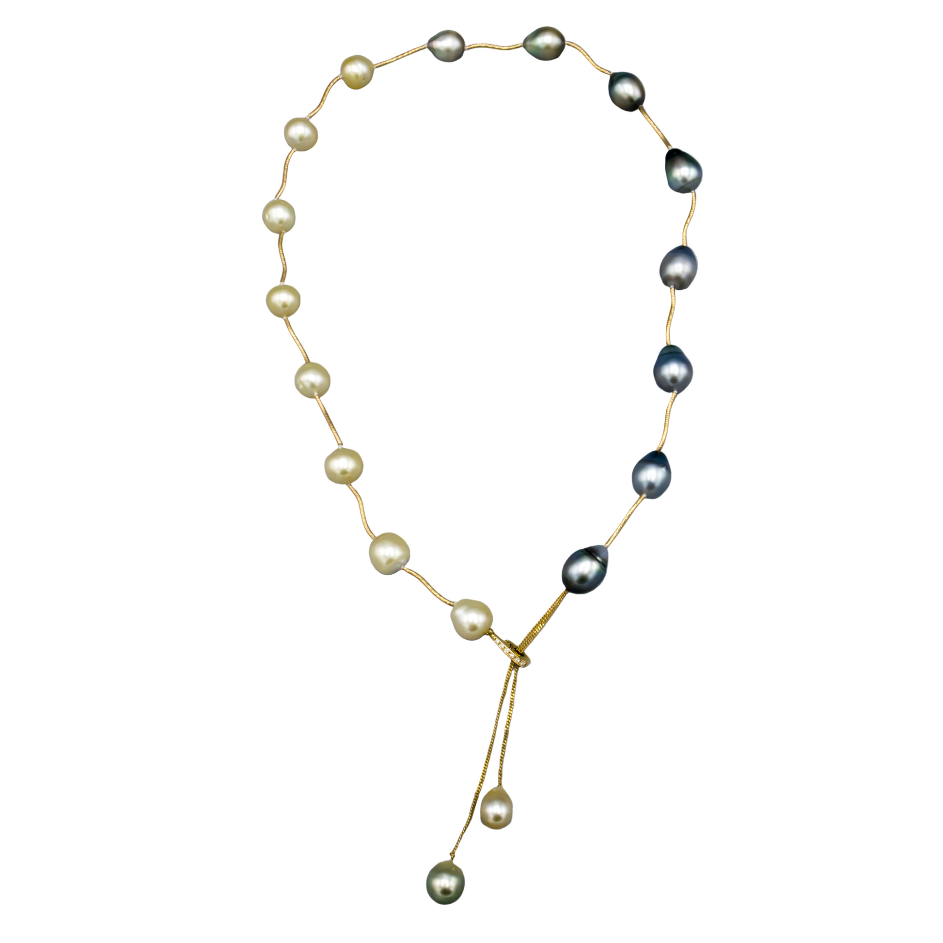 Tahitian and Golden South Sea baroque pearl necklace with 14K gold spacers - front view