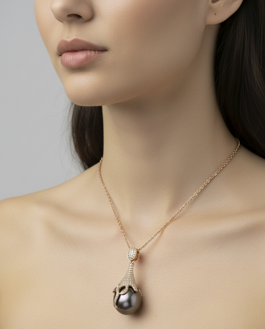 Tahitian Pearl Pendant 14K Rose Gold – Diamond Bail on brunette model