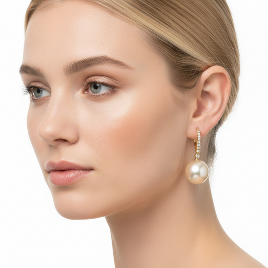 Golden South Sea Pearl & Diamond Lever Back Earrings in 14K Yellow Gold on blonde model