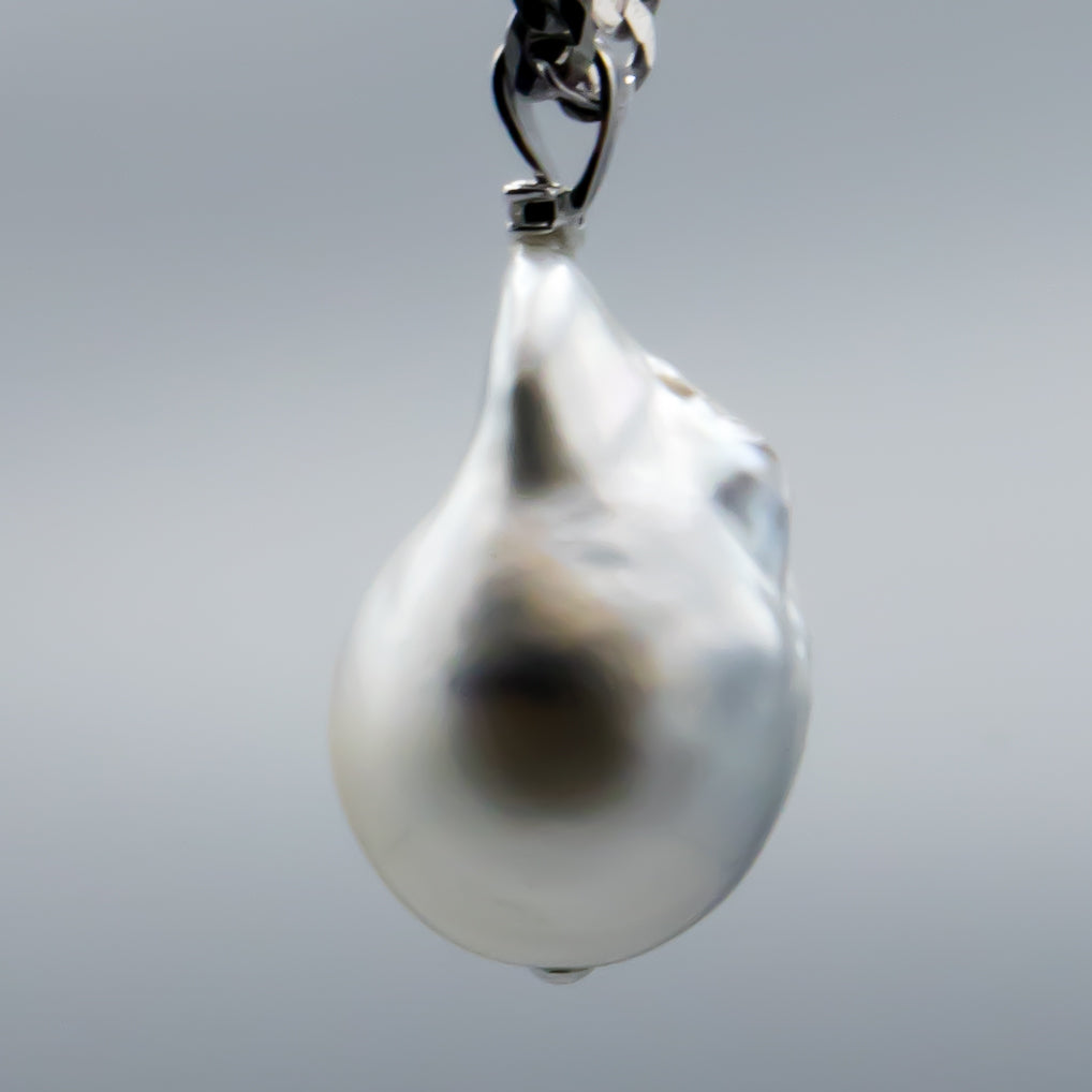 Large Baroque South Sea Pearl Pendant – Organic Shape, 14K White Gold & Diamonds