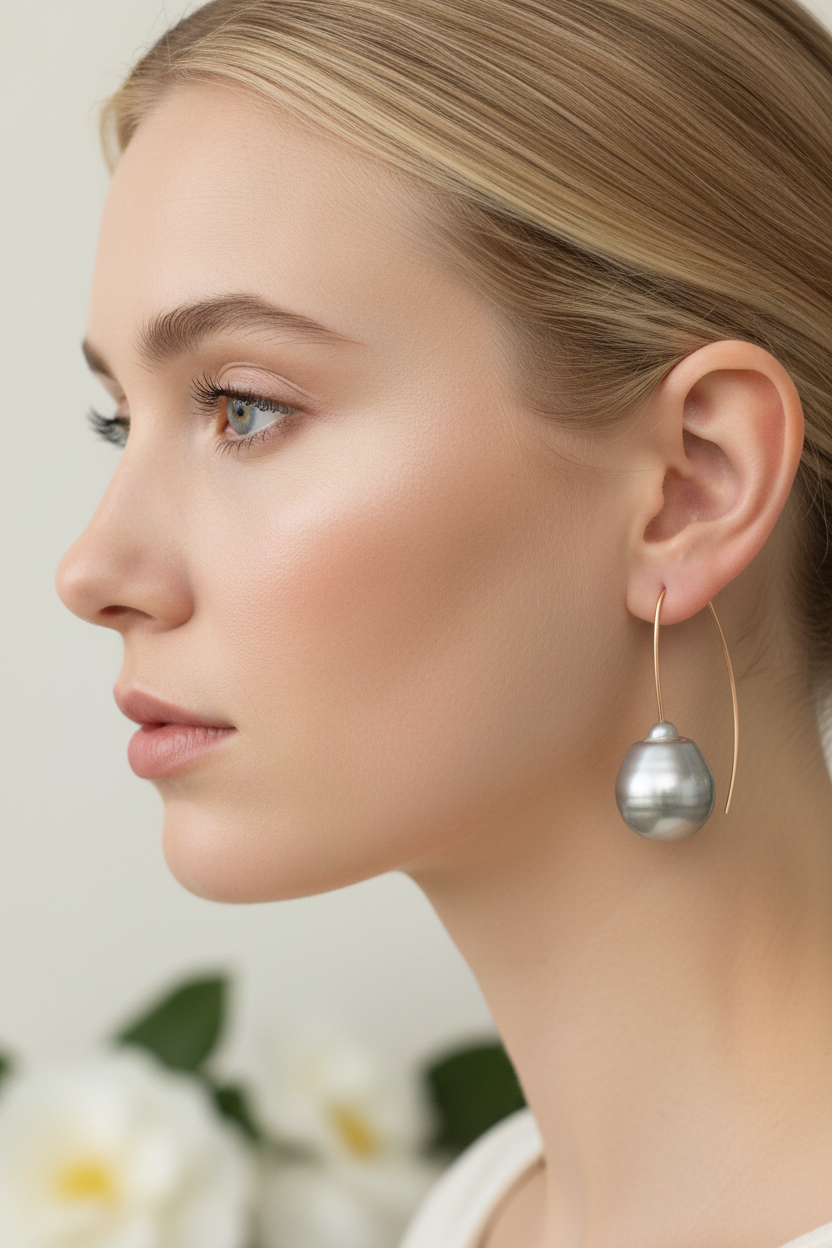 15.5mm Gray Tahitian Baroque Pearl Rose Gold Earrings
