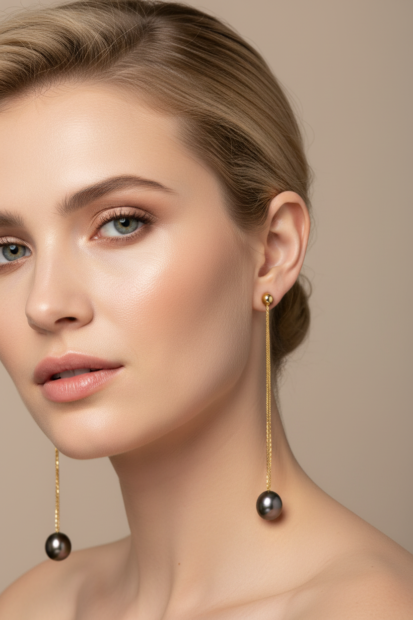 Model wearing Tahitian Pearl Tassel Dangle Earrings 14K Yellow Gold