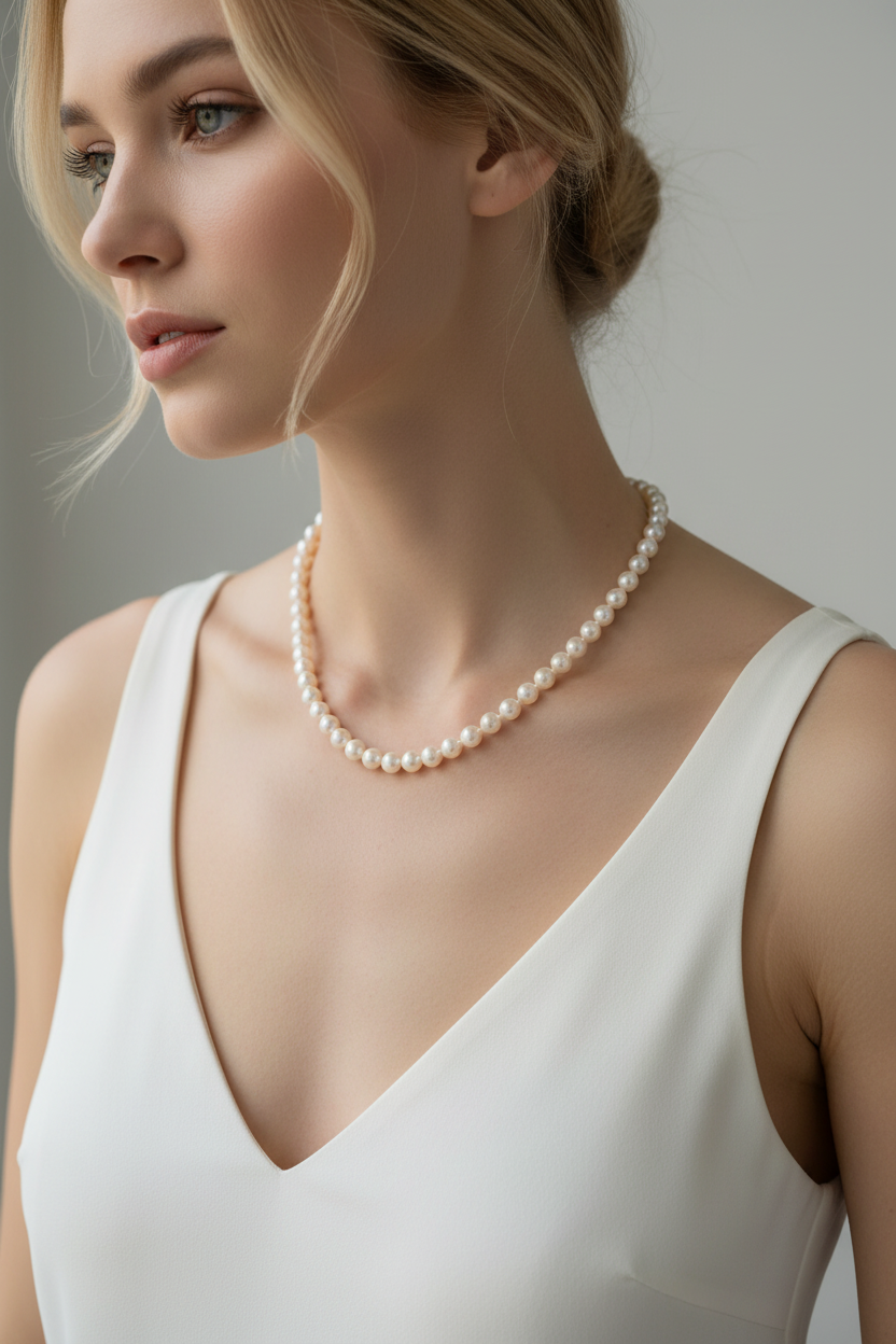 Blonde model wearing Japanese Akoya Pearl Strand Necklace with 14K White Gold Diamond Clasp