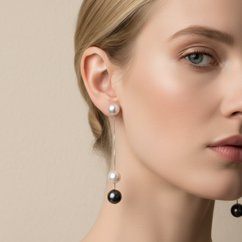 Model wearing Akoya & Tahitian Pearl Dangle Earrings 14K White Gold