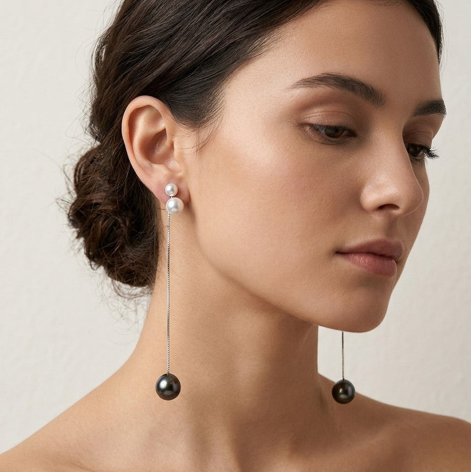 Model wearing Akoya & Tahitian Pearl Dangle Earrings 14K White Gold