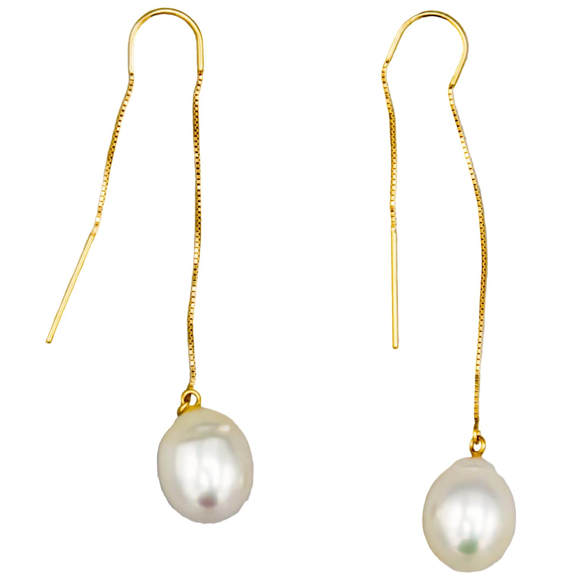 White South Sea Pearl Threader Earrings 14K Gold – Detail View