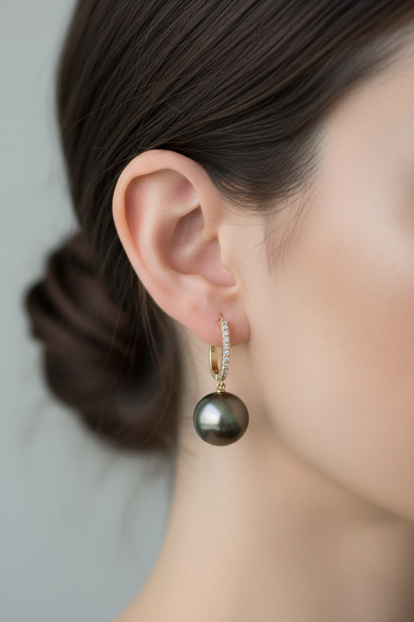 Close-up of a model wearing a 14K yellow gold and diamonds Tahitian pearl earring
