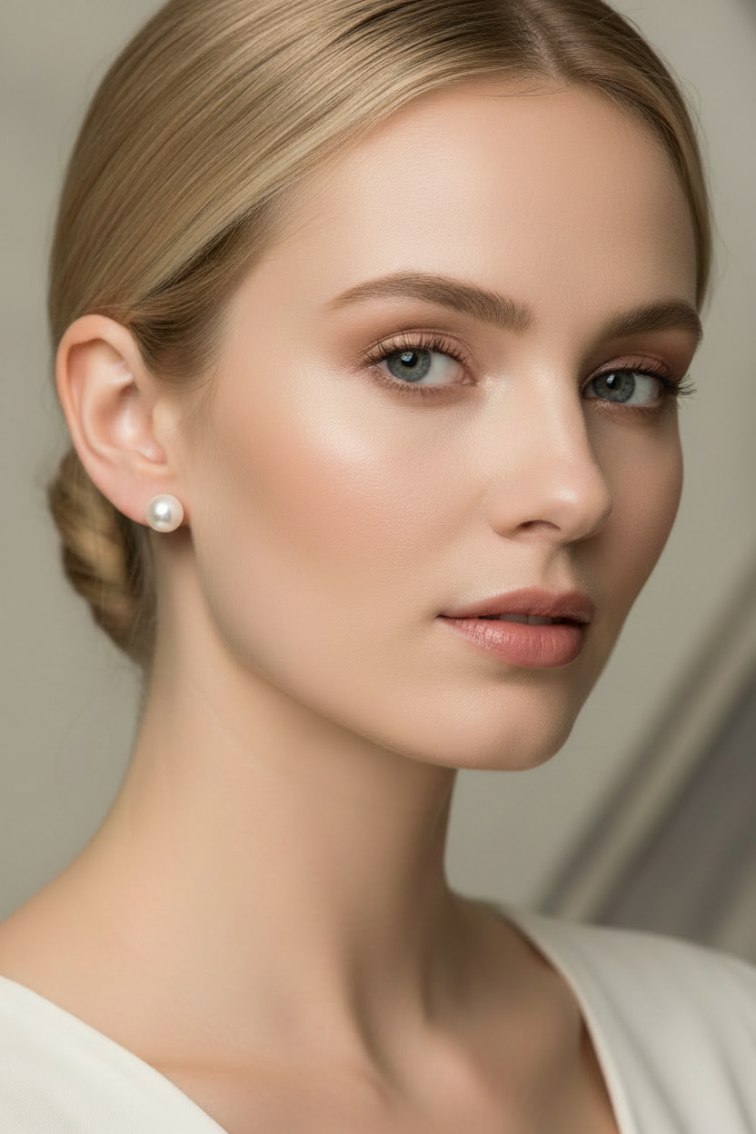 Akoya Pearl Stud Earrings 6-6.5mm 14K Yellow Gold worn on model