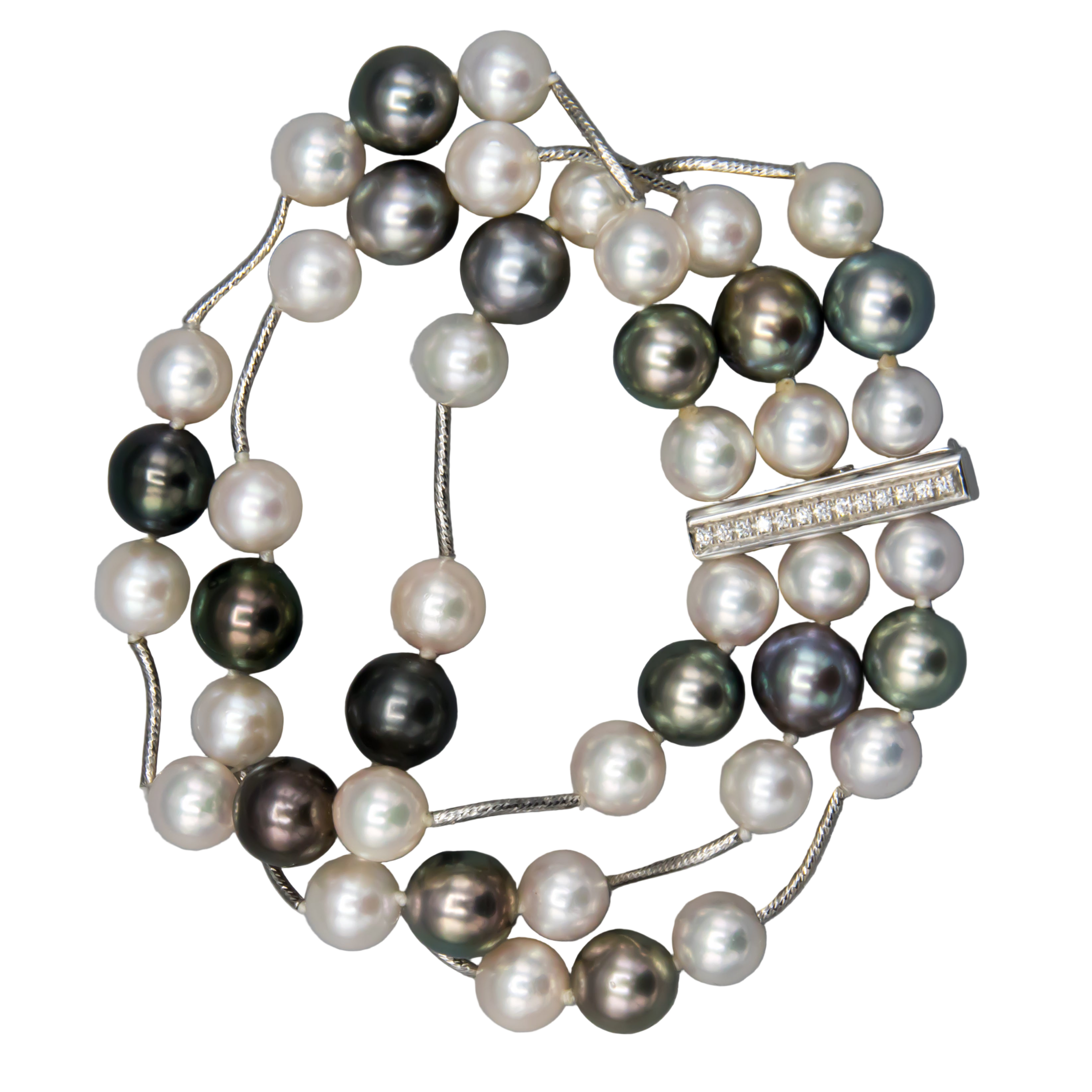 Akoya & Tahitian pearl triple-strand bracelet with 14k white gold diamond clasp
