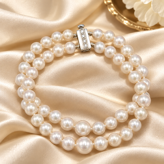 Akoya saltwater pearl double strand bracelet on a cream-colored sating background