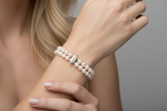 Akoya pearl double strand bracelet with 14K white gold diamond clasp worn by blonde model