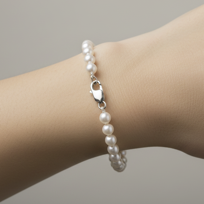 Model wearing Japanese Akoya pearl bracelet with 14K white gold clasp, 6-6.5mm pearls