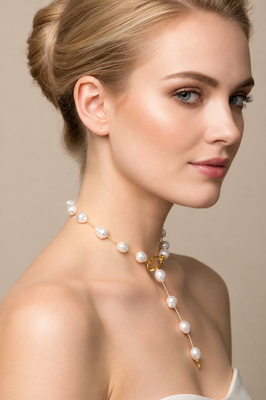 Woman wearing a Baroque Australian South Sea Pearl Necklace 22 Inch – 14K Yellow Gold Spacers against a neutral background
