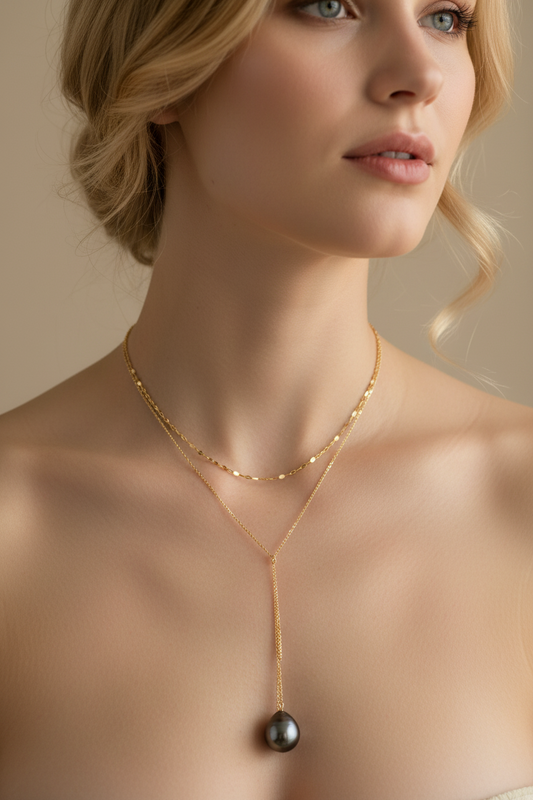 Baroque Tahitian Pearl Two-Strand Layered Necklace in 14K Yellow Gold on blonde model