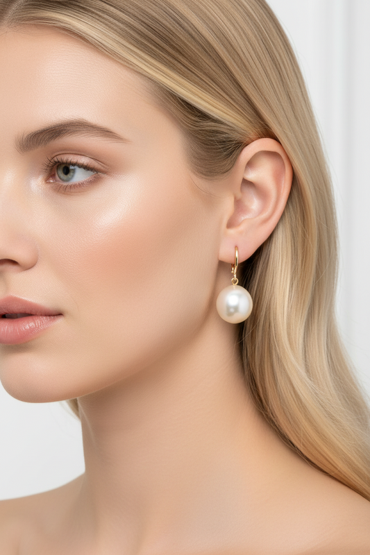 Model wearing Golden South Sea Pearl Teardrop Earrings 9.2mm 14K Yellow Gold Leverback