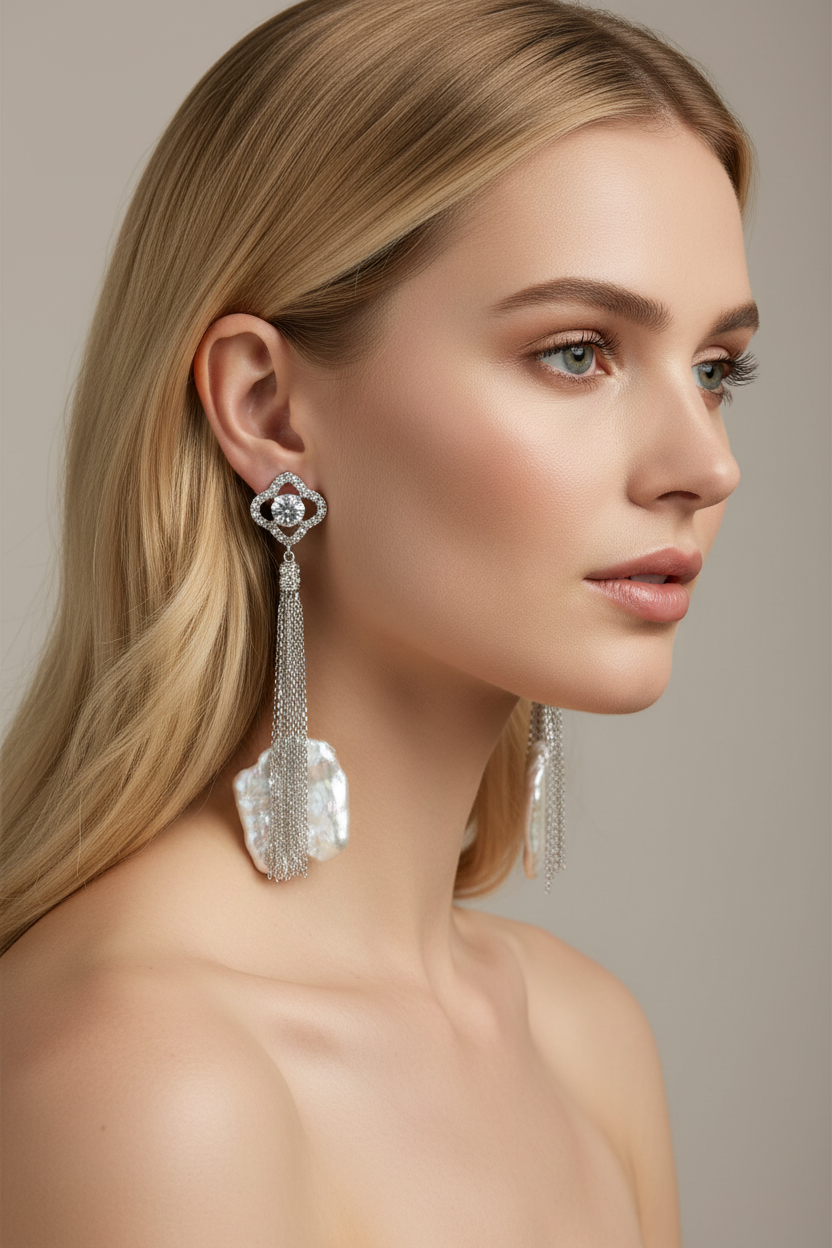 Model wearing white keshi pearl and CZ Sterling Silver Stud Dangle Earrings