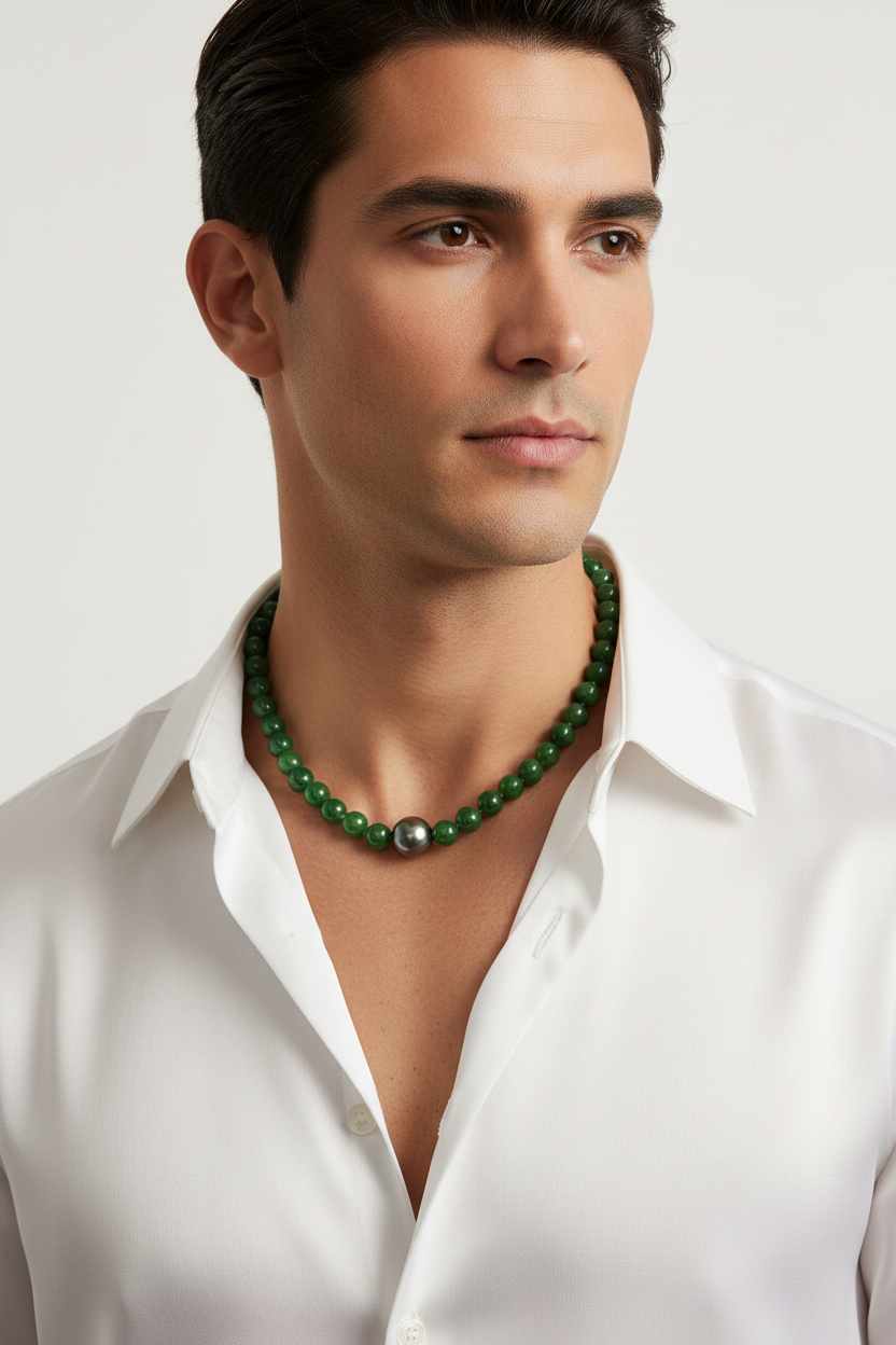 Model wearing Jade & Tahitian Pearl Strand Necklace with Sterling Silver Clasp