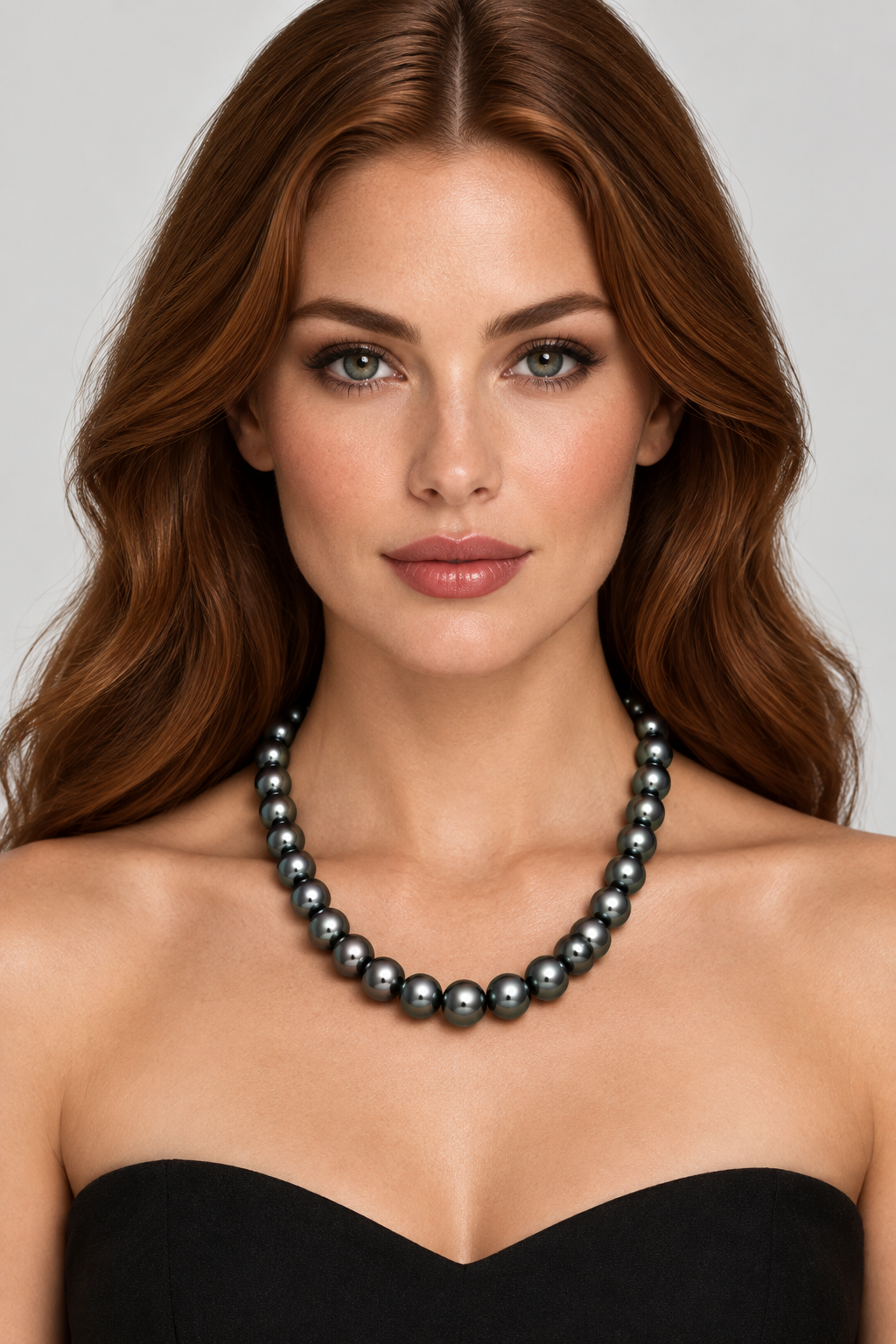 Model wearing Tahitian Pearl Strand Necklace with 18K White Gold Clasp on a neutral background