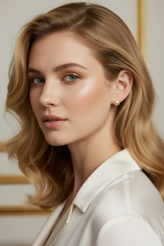 Model wearing 9.8mm Golden South Sea Pearl Stud Earrings, 14K Yellow Gold setting