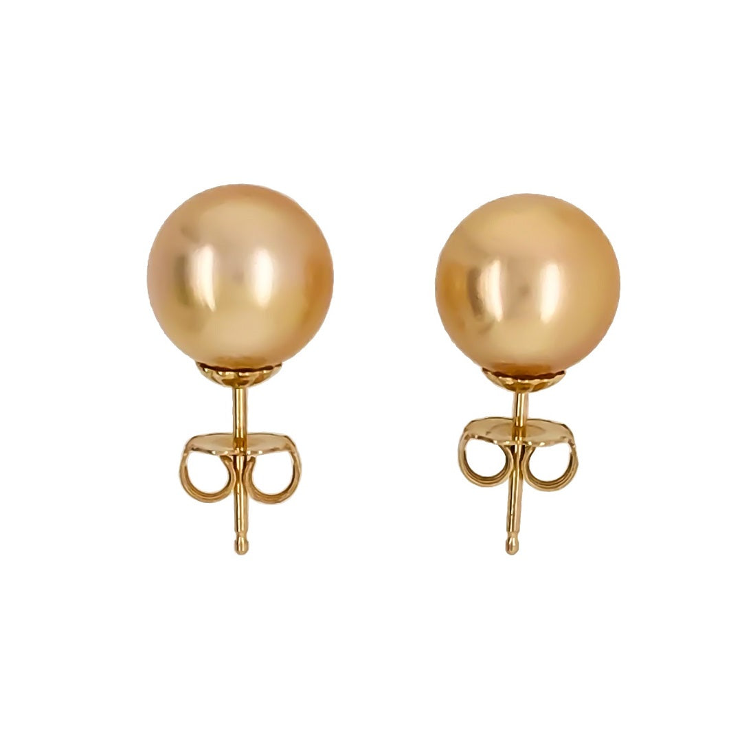 9.8mm Golden South Sea Cultured Pearl Studs, 14K Gold – side view