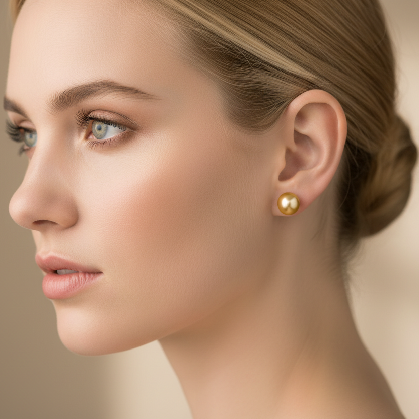 Close-up of a blonde model wearing a golden south sea pearl earring