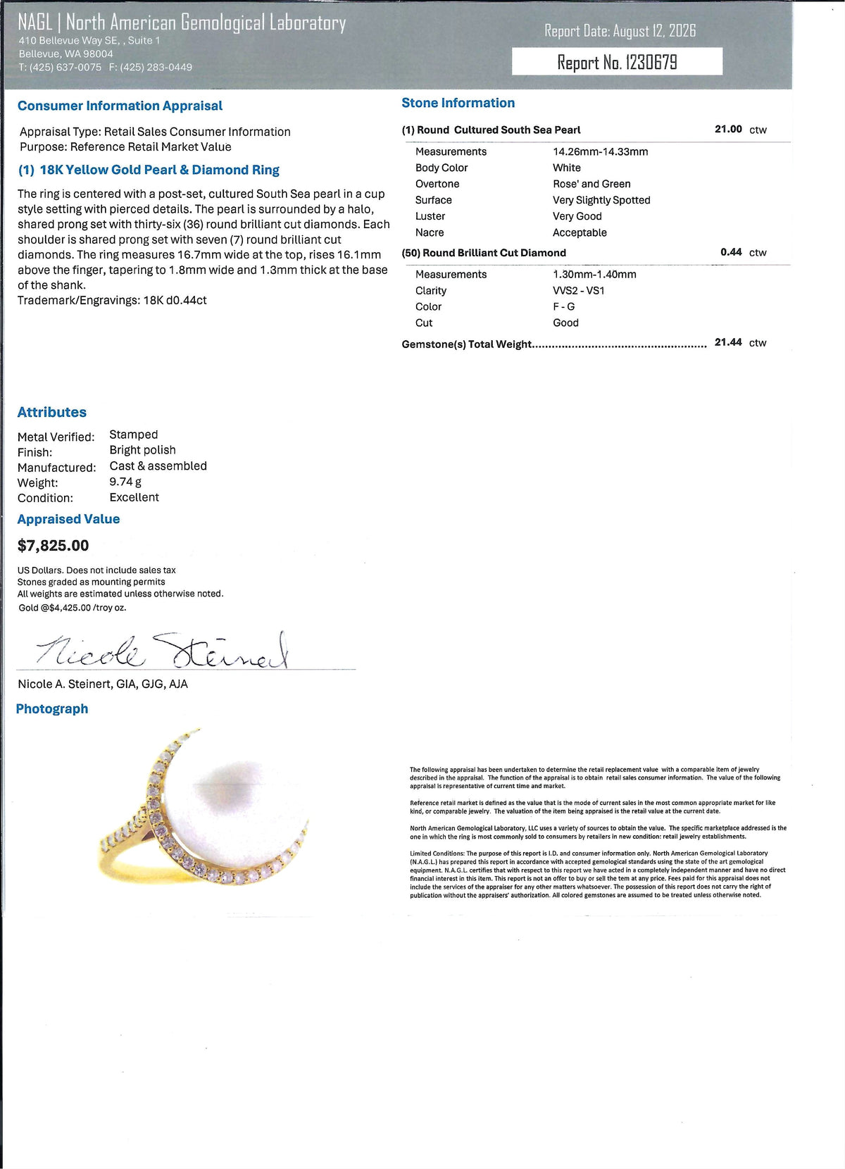 A document page from MGS / North American Biblical Laboratory containing a consumer information appraisal report for a 18K yellow gold pearl and diamond ring, with specifications, stone information, and a small inset photo of the ring.