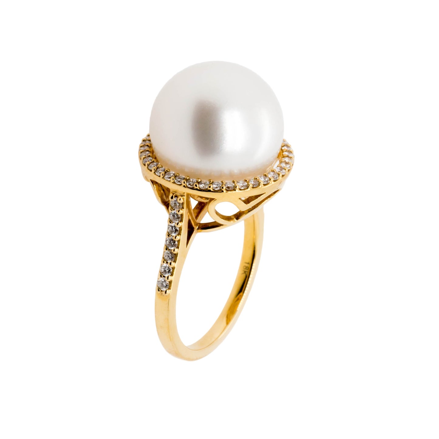 14.2mm white South Sea pearl ring in 18K yellow gold with diamond accents - front view