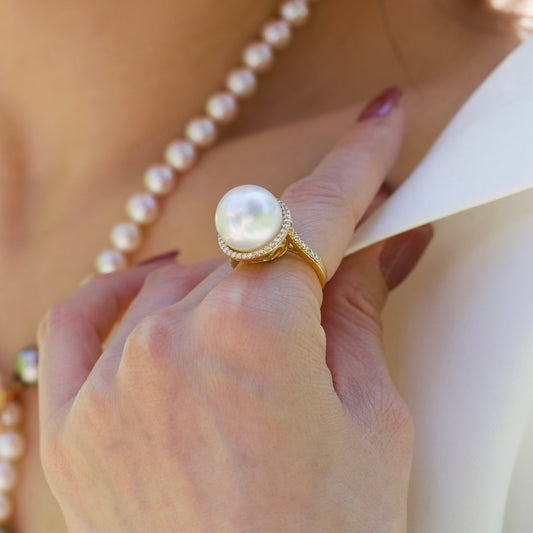 14.2mm white pearl ring with diamonds - additional product detail shown on model