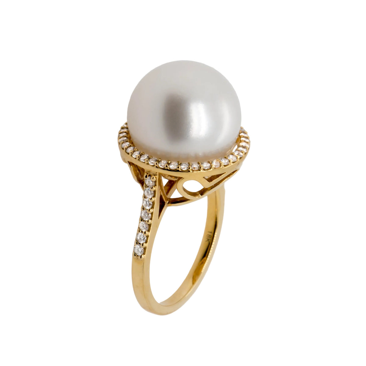 14.2mm white South Sea pearl ring in 18K yellow gold with diamond accents - front view