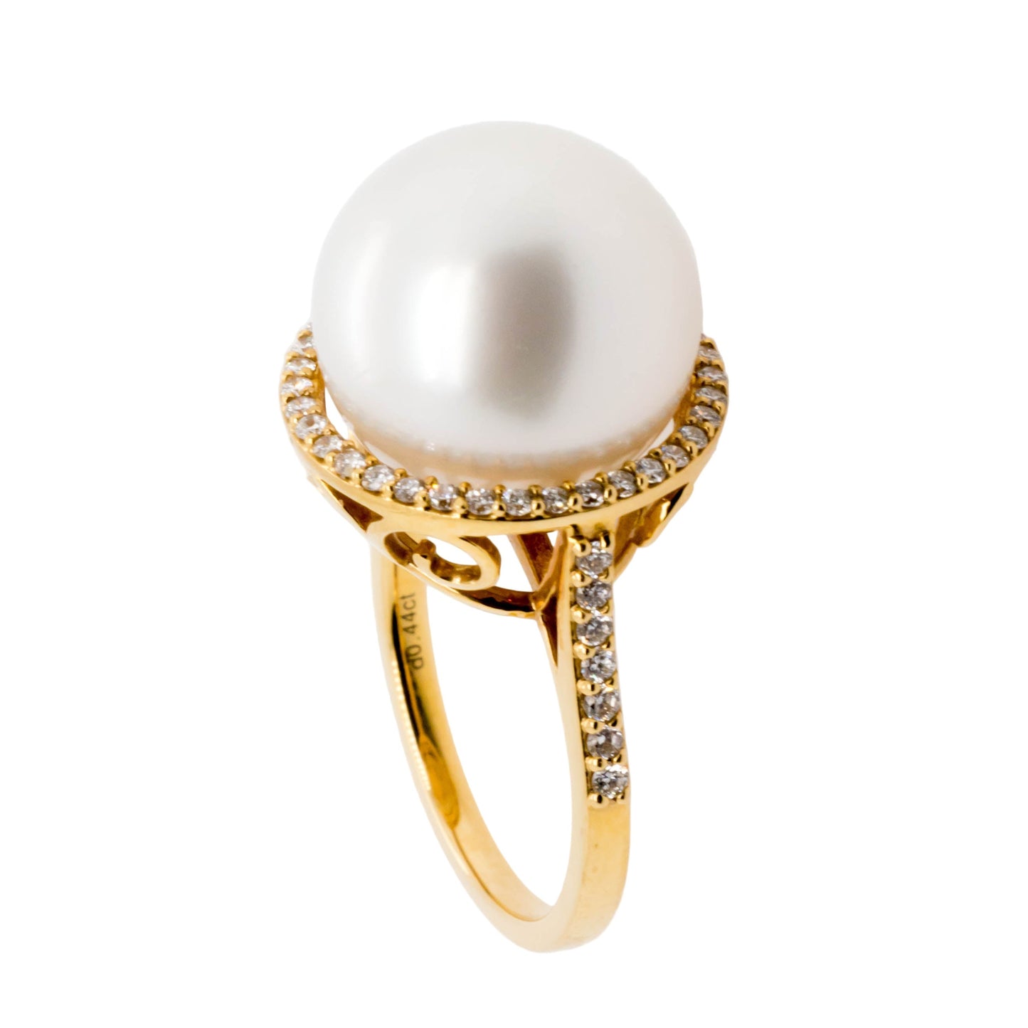 White South Sea pearl diamond ring size 7 - side angle showing gold band detail