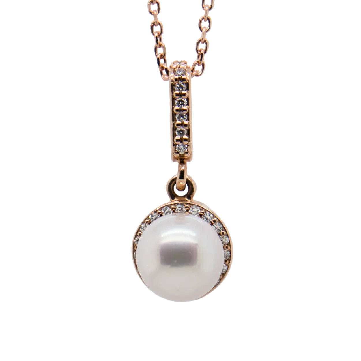 Akoya Pearl & Diamond Necklace, 14K Rose Gold Chain