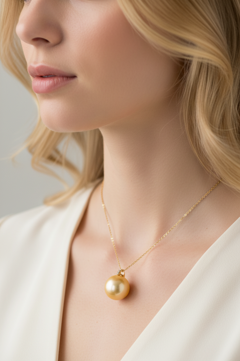 Woman wearing a south sea golden pearl and diamond pendant necklace
