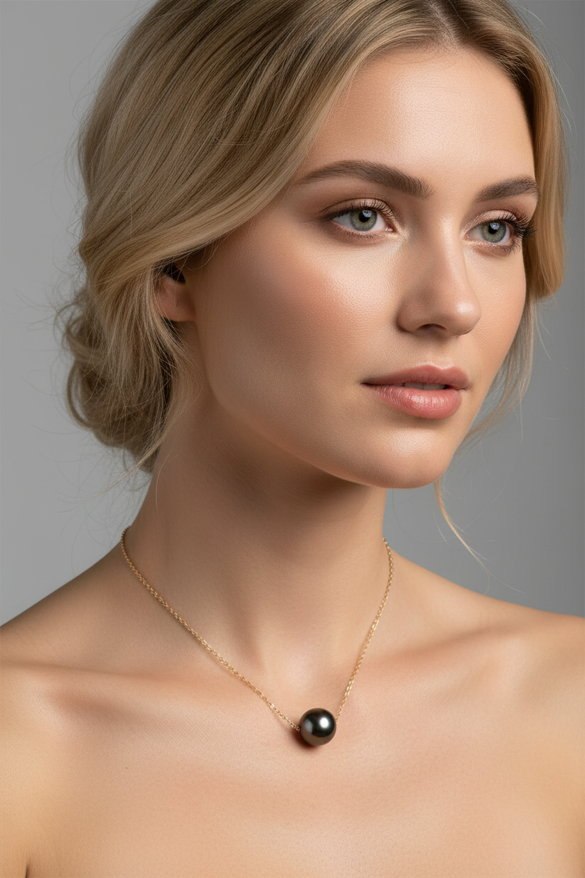 Model wearing Tahitian Pearl Sliding Necklace on 14K Yellow Gold Chain 