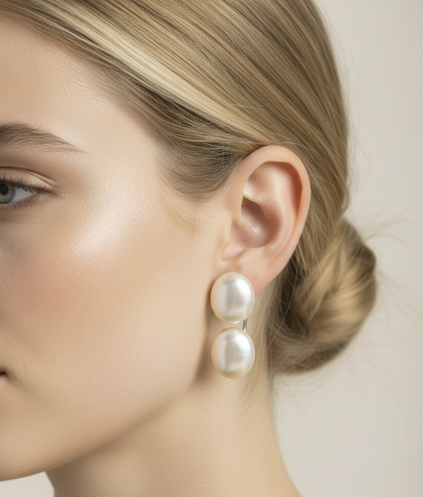 Model wearing 15-15.5mm twin coin freshwater cultured pearl earrings, sterling silver jacket setting
